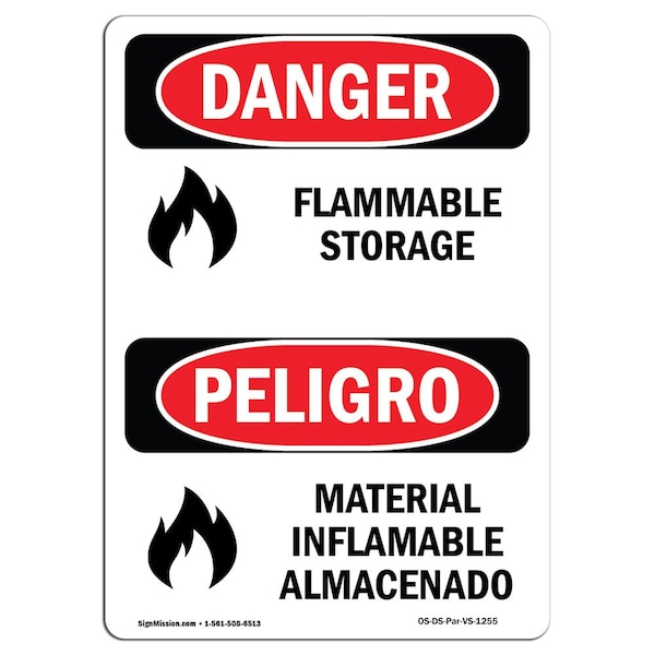 Safety Sign, OSHA Danger, 24" Height, Rigid Plastic, Flammable Storage Bilingual Spanish